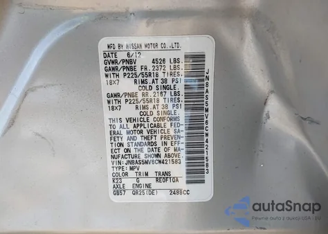 2012 Nissan Rogue Sv W/Sl Pkg из США, поврежденный, VIN JN8AS5MV6CW421583